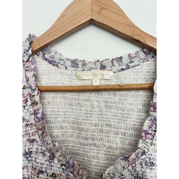 LOVESHACKFANCY Floral Smocked Mini Dress Puff Sleeve Asymmetric Ruffle Coquette - Picture 12 of 13